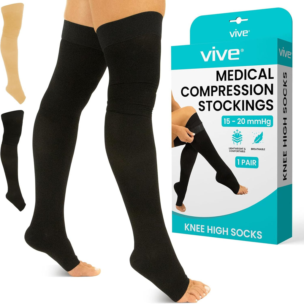 Vive 15-20 mmHg Open Toe Thigh High Compression Socks for Men & Women - Thigh High Compression Stockings & Support Hose for Varicose Veins, Circulation & Pregnancy Support - Over the Knee Leg Sleeve