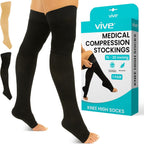 Vive 15-20 mmHg Open Toe Thigh High Compression Socks for Men & Women - Thigh High Compression Stockings & Support Hose for Varicose Veins, Circulation & Pregnancy Support - Over the Knee Leg Sleeve