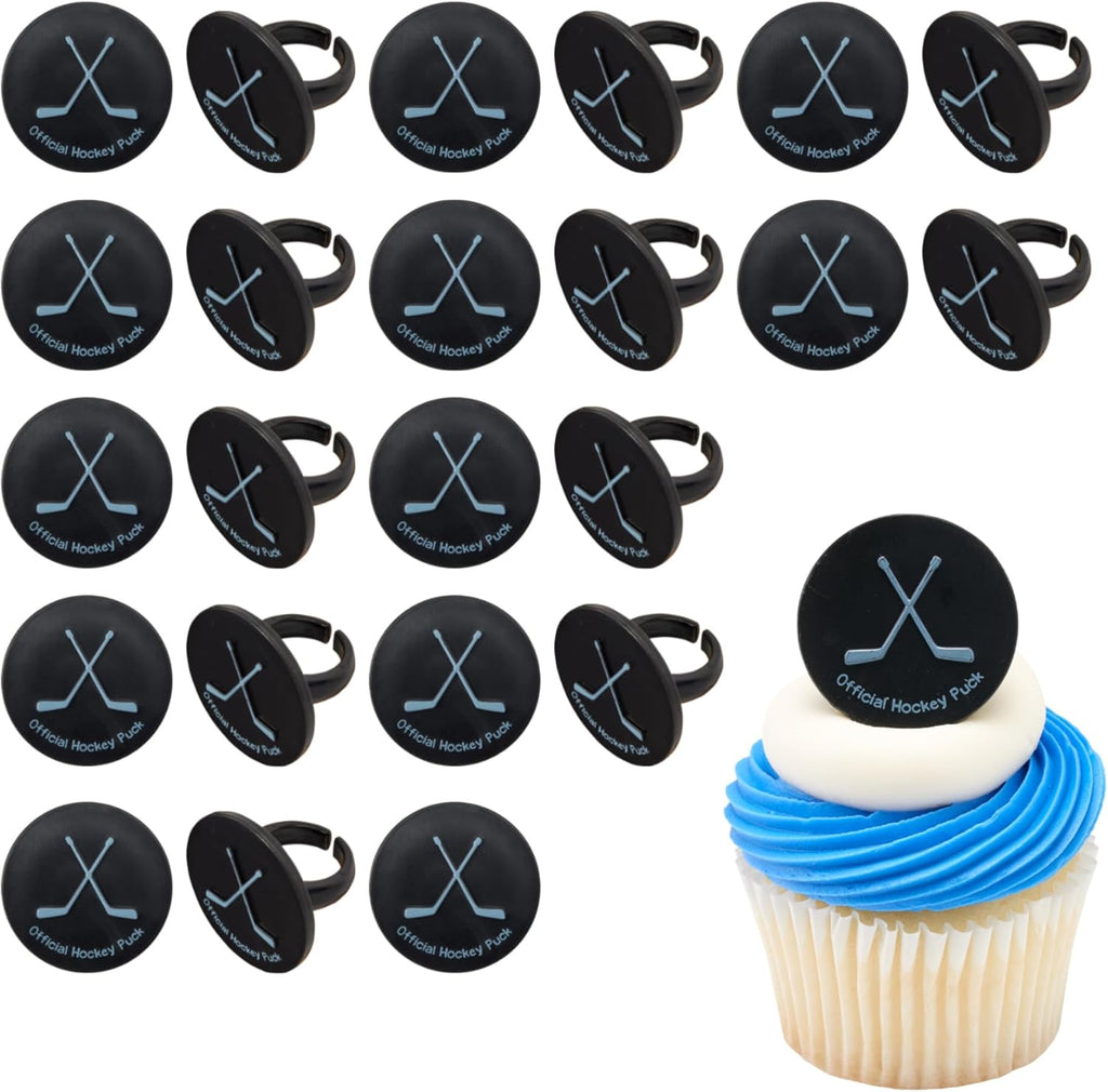 DecoPac Ice Hockey Rings, Ice Hockey Puck Cupcake Decorations, Hockey Cupcake Toppers, Black, Food Safe & Ready To Use – 24 Pack