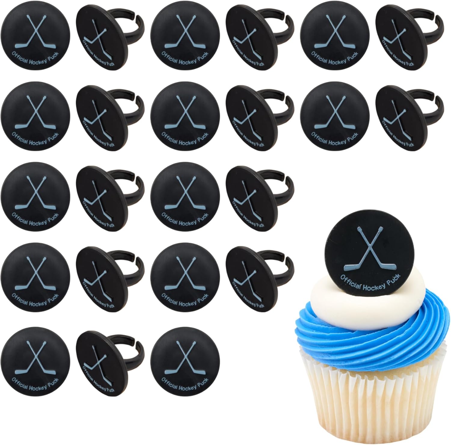 DecoPac Ice Hockey Rings, Ice Hockey Puck Cupcake Decorations, Hockey Cupcake Toppers, Black, Food Safe & Ready To Use – 24 Pack