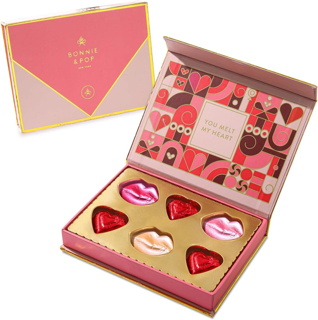 Valentine's Day Chocolate Card Gift Box, 6 Individually Wrapped Chocolates, Food Sweets Candy Gift, Romantic Gift for Wife, Girlfriend, Mom, Love, Women, Bonnie and Pop