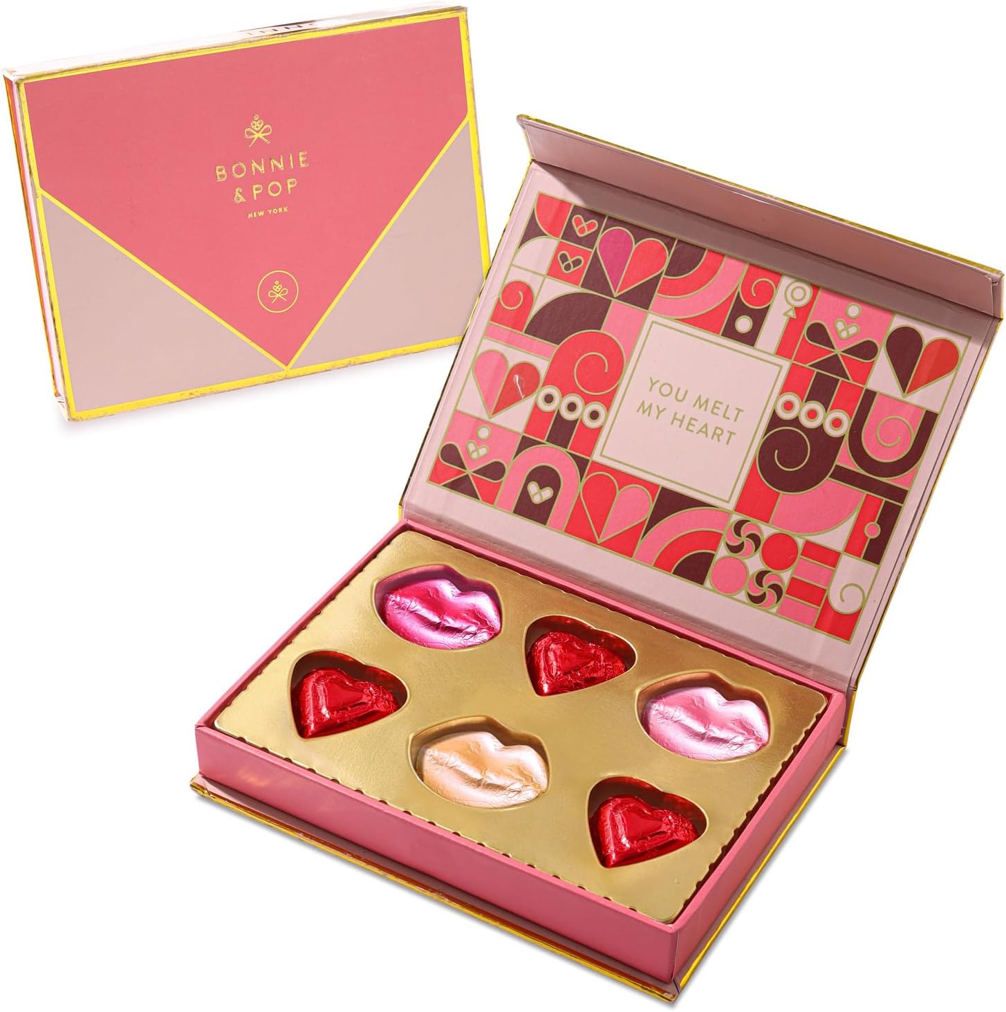 Valentine's Day Chocolate Card Gift Box, 6 Individually Wrapped Chocolates, Food Sweets Candy Gift, Romantic Gift for Wife, Girlfriend, Mom, Love, Women, Bonnie and Pop
