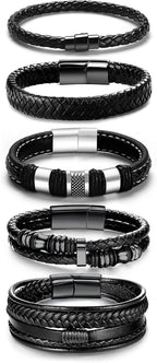Black Leather Bracelets for Men Women 5pcs Mens Bracelet Leather and Steel Braided Cuff Bracelets