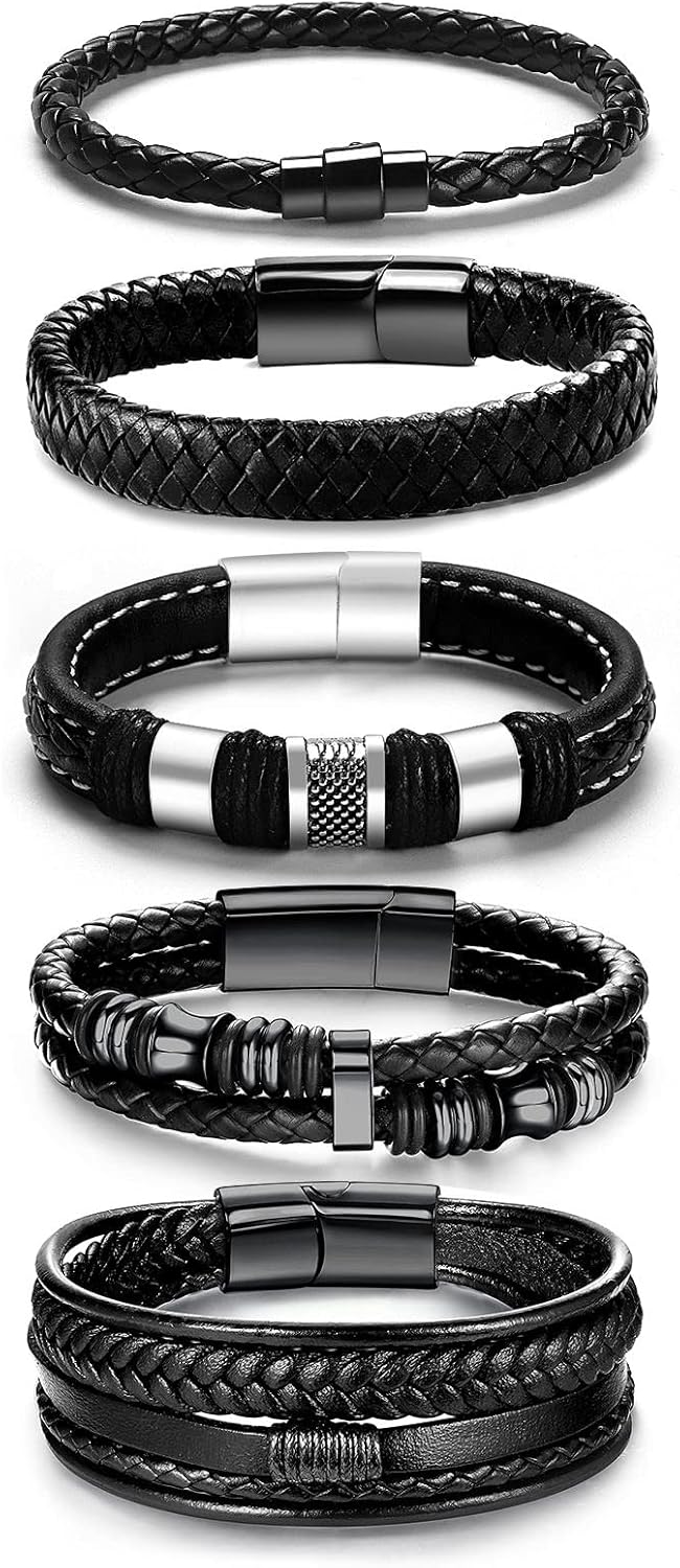 Black Leather Bracelets for Men Women 5pcs Mens Bracelet Leather and Steel Braided Cuff Bracelets