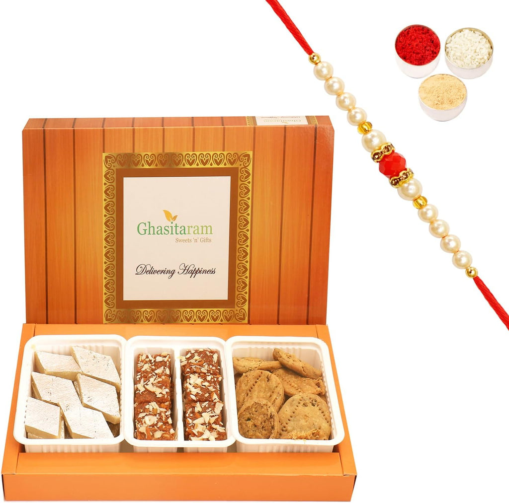 Ghasitaram Gifts Rakhi Gifts for Brothers Rakhi Sweets - Assorted Box of Kaju Katli, Dodha Barfi and Methi Mathi with Pearl Beads Rakhi