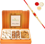 Ghasitaram Gifts Rakhi Gifts for Brothers Rakhi Sweets - Assorted Box of Kaju Katli, Dodha Barfi and Methi Mathi with Pearl Beads Rakhi