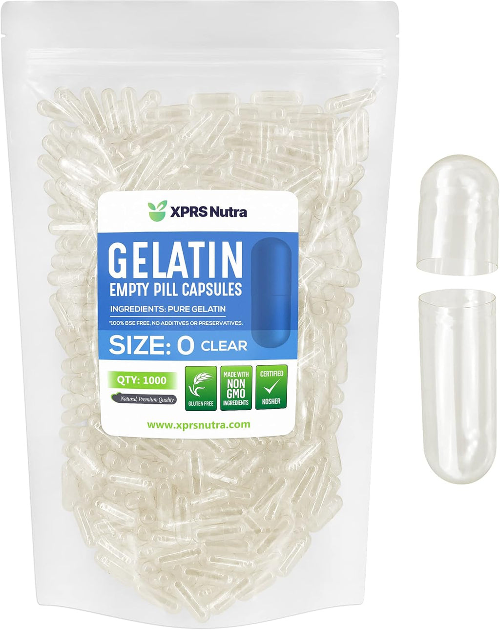 XPRS Nutra Size 0 Clear Empty Gelatin Capsules 1000 Count - Kosher and Halal - Pure Gelatin Pill Capsule - DIY Powder Filling - Fillable Gel Caps Pills for Do It Yourself Supplements