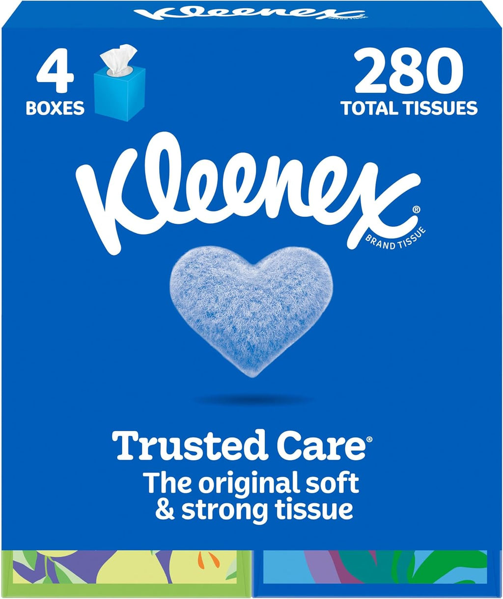 Kleenex Trusted Care Facial Tissues, 4 Cube Boxes, 70 Tissues per Box, 2-Ply (280 Total), Packaging May Vary