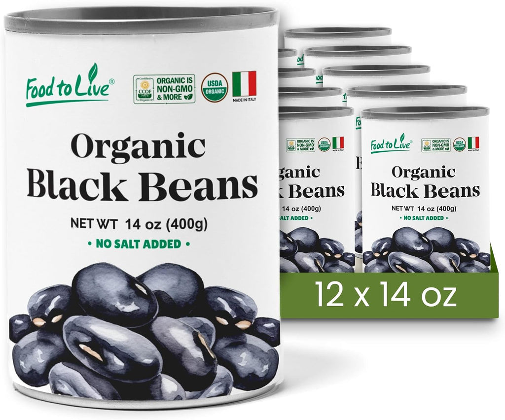 Food to Live Organic Canned Black Beans, 14 oz (Pack of 12) - Unsalted Non-GMO Frijoles Negro. Perfect for Salads, Soups, Stews. Vegan. Made in Italy