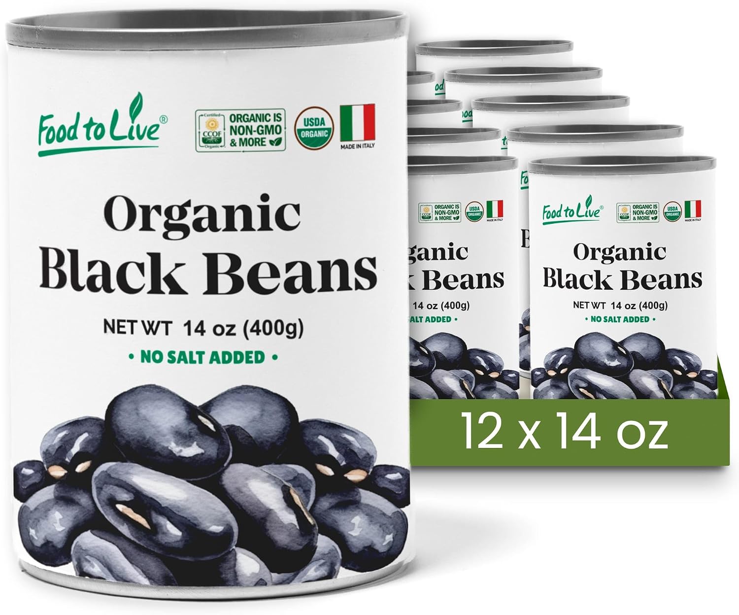 Food to Live Organic Canned Black Beans, 14 oz (Pack of 12) - Unsalted Non-GMO Frijoles Negro. Perfect for Salads, Soups, Stews. Vegan. Made in Italy