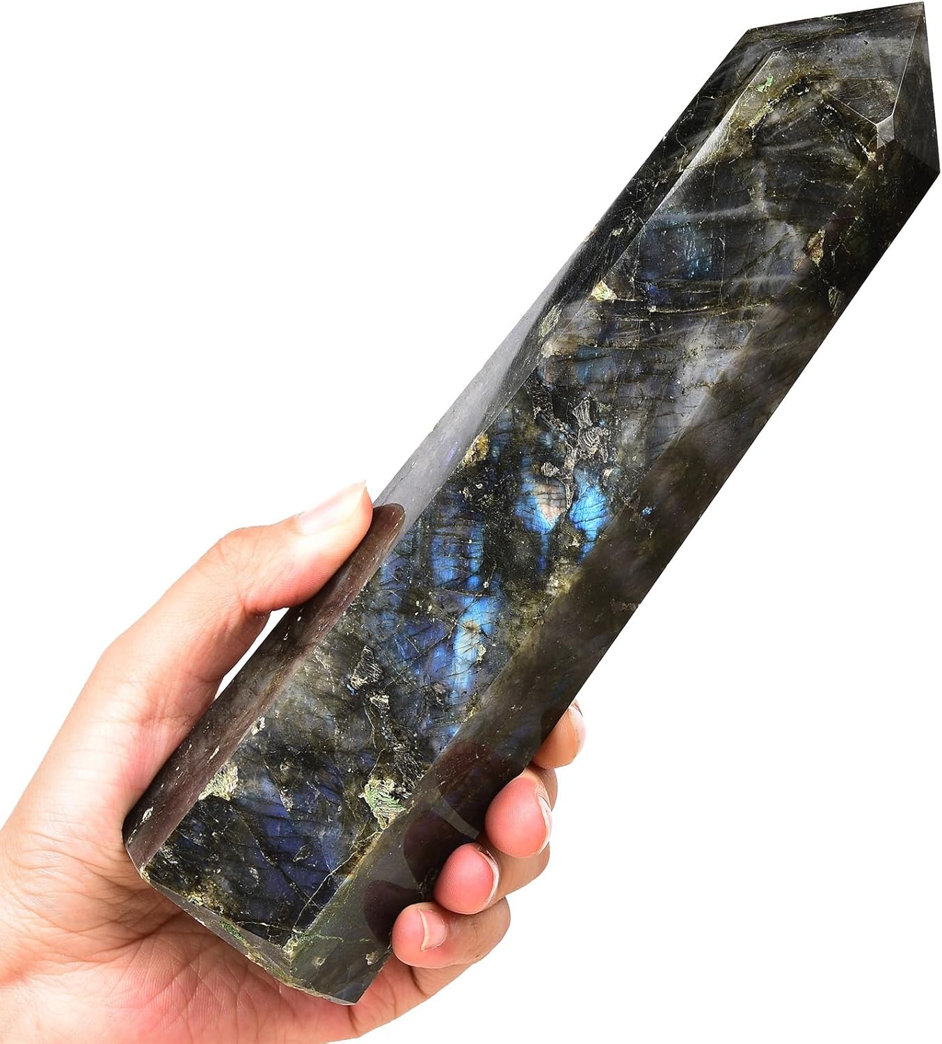 Large Labradorite Crystal Tower Natural Healing Crystal Point Wand Obelisk 6 Faceted Reiki Chakra Meditation Therapy Home Decor Gift 1.5-2 LBS