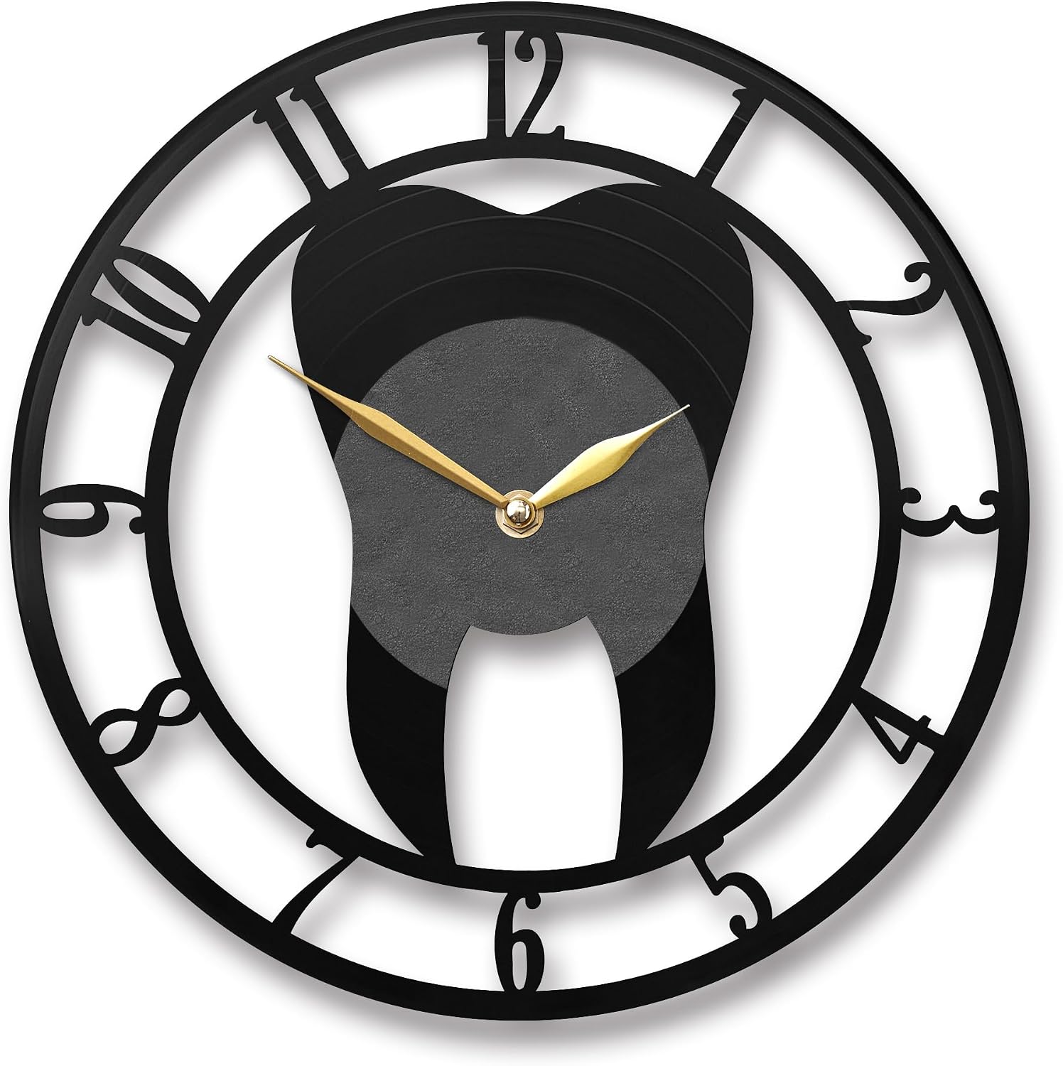 Dental Wall Clock – Tooth Design for Dental Office, Unique Dental Decor for Home & Office, Dentist Gift Idea, Black (12" Vinyl Record (Without Backlight))