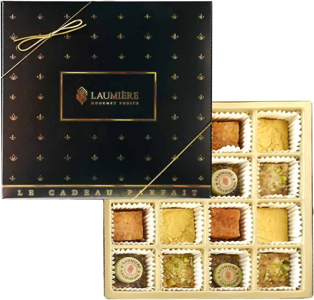 Laumière Gourmet Fruits - Le Cadeau Parfait Collection - Median Gourmet Gift Box (16 Treats) - Hannoukah - Kosher - Vegan Healthy Dried Fruits & Nuts Gift Basket - No Added Cane Sugar Sweets