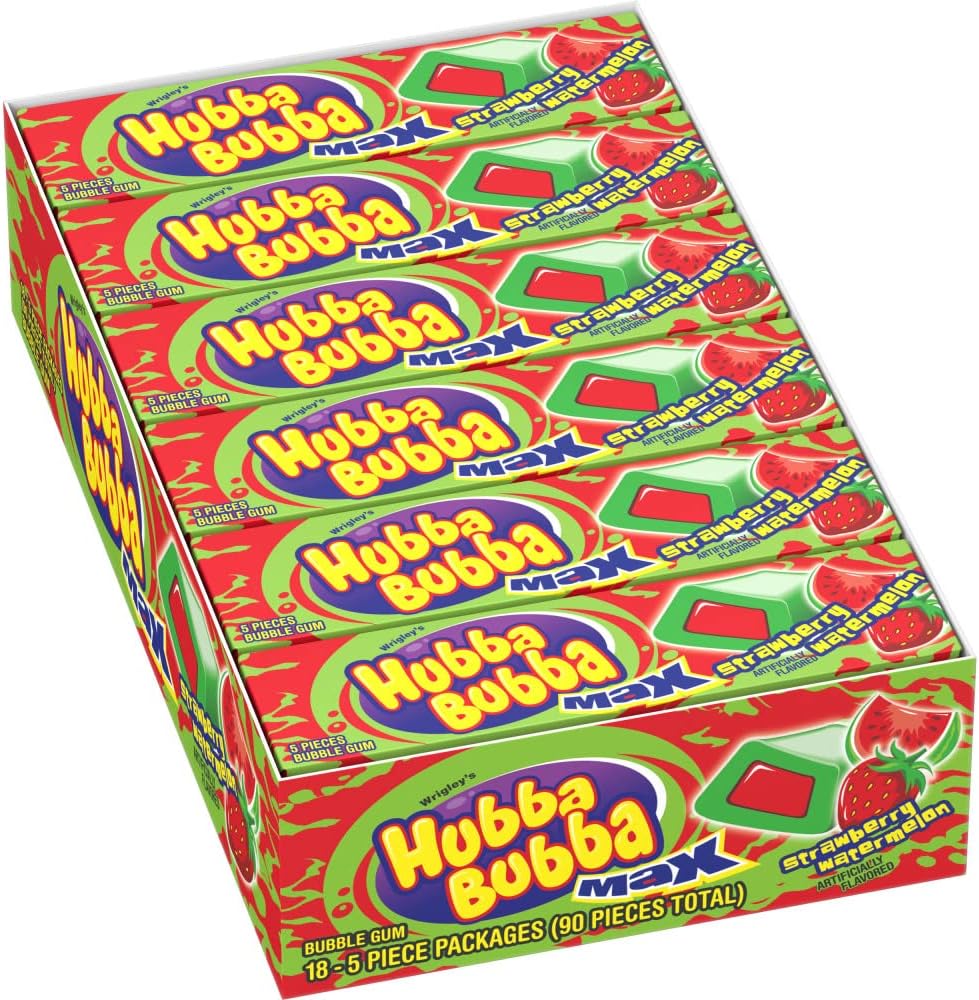 HUBBA BUBBA Bubble Gum Bulk, Chewing Gum Bulk Strawberry Watermelon Flavored, 18 Pack, 5 Pieces, Candy