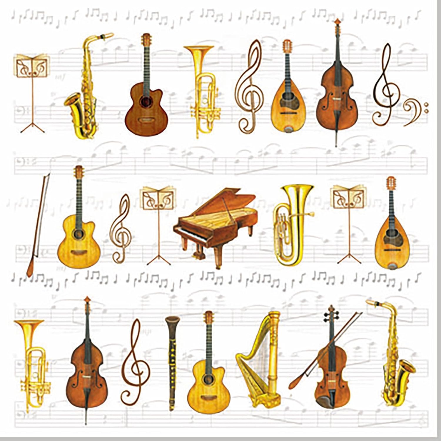 Generic 20-Count 6.5 x 6.5 Inch 3-Ply Music Themed Napkins for Decoupage, Weddings, Holidays & Gifting in White, Yellow, Brown