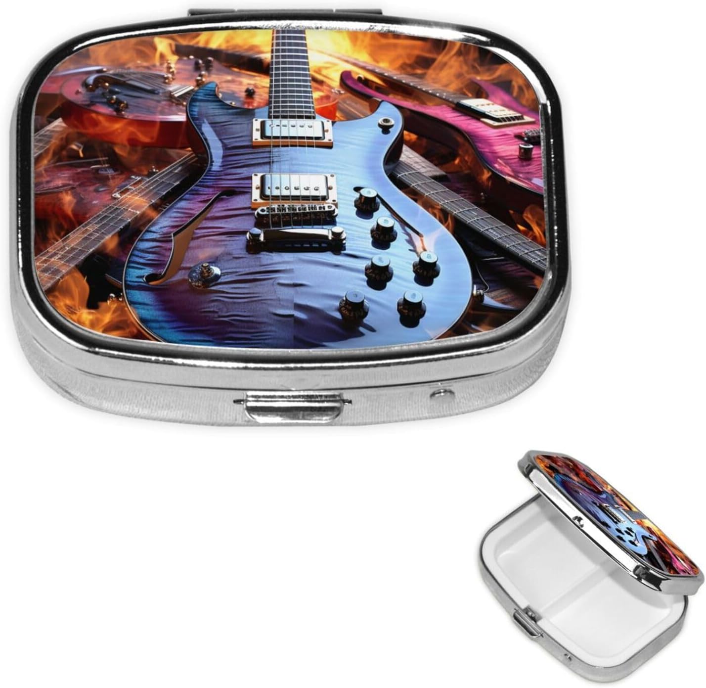 Magic Electric Guitar Music Pill Box 2 Compartment Square Portable Pill Case for Pocket or Purse Small Weekly Medicine Planner Travel Pillbox with Mirror Decorative Metal Vitamin Holder Gifts