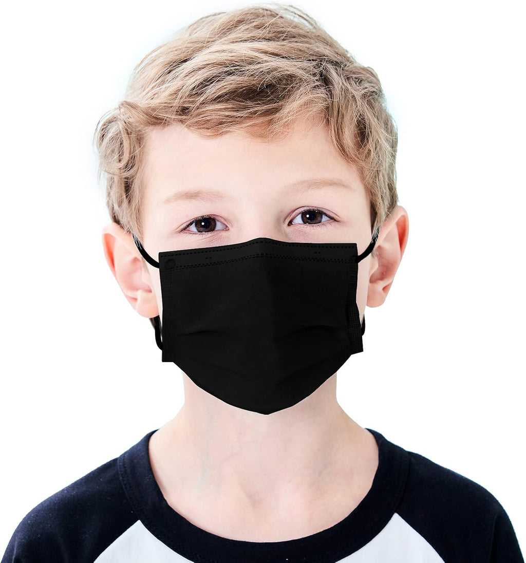 Kids Disposable Face Mask 50 Pack Ages 5-12 Filter 3-Layer Safety Face Masks for Kids Daily Use.All Metal Nose Clips(Black)