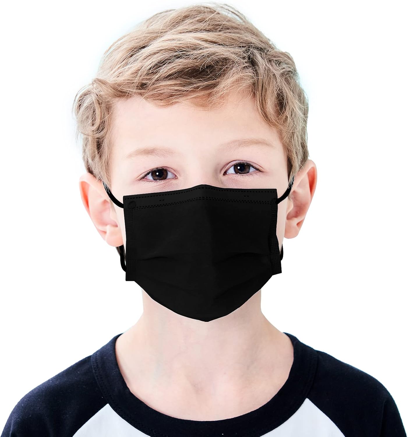 Kids Disposable Face Mask 50 Pack Ages 5-12 Filter 3-Layer Safety Face Masks for Kids Daily Use.All Metal Nose Clips(Black)