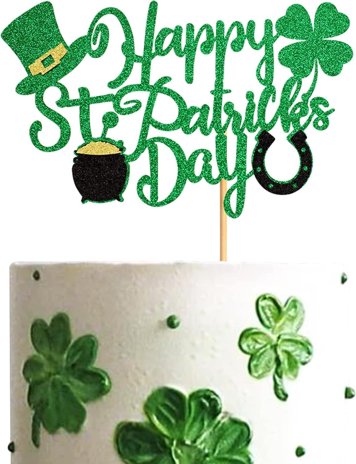 Ercadio 1 Pack Happy St Patrick's Day Cake Toppers Happy St Patrick's Day Cake Picks with Shamrock Four Leaf Green Hat for St.Patrick Baby Birthday Ireland St Patrick Party Cake Decor Supplies