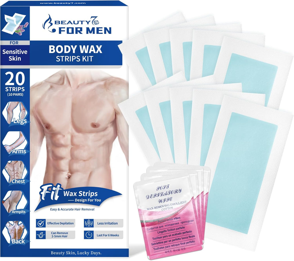 Beauty7 Men Wax Strips for Body, Ready to Use Waxing Strips, Facial Hair Removal Wax, Legs Arms Chest At Home Waxing Kit, 20 Waxing Strip 4 Calming Oil Wipes
