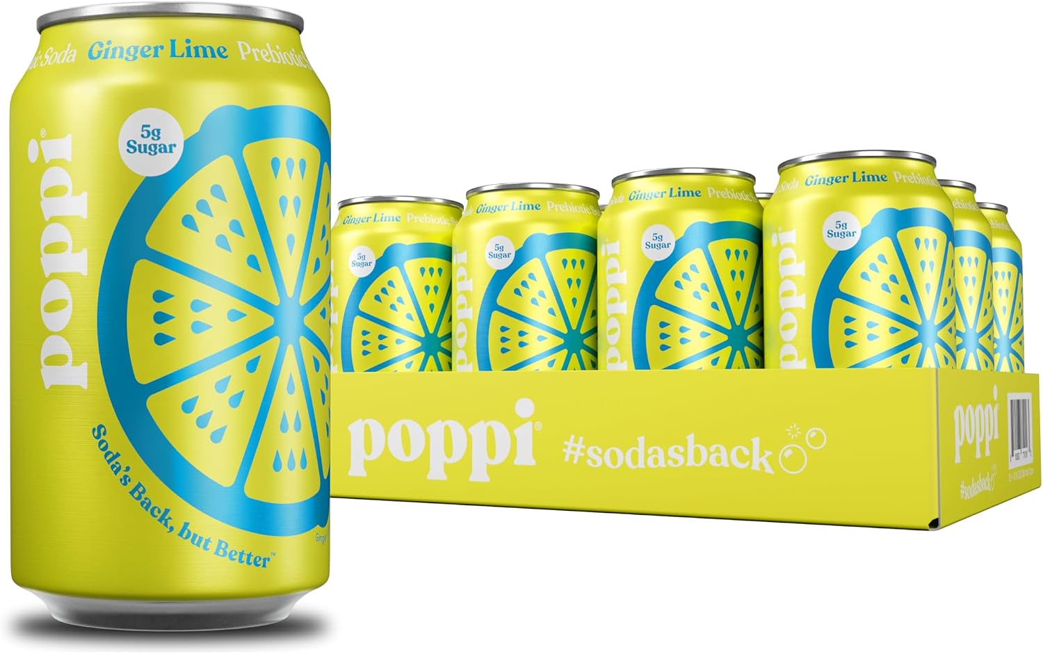 Poppi Sparkling Prebiotic Soda Beverage with Apple Cider Vinegar, Seltzer Water and Fruit Juice, Ginger Lime Flavor, 12 FL Oz, Pack of 12, Packaging May Vary
