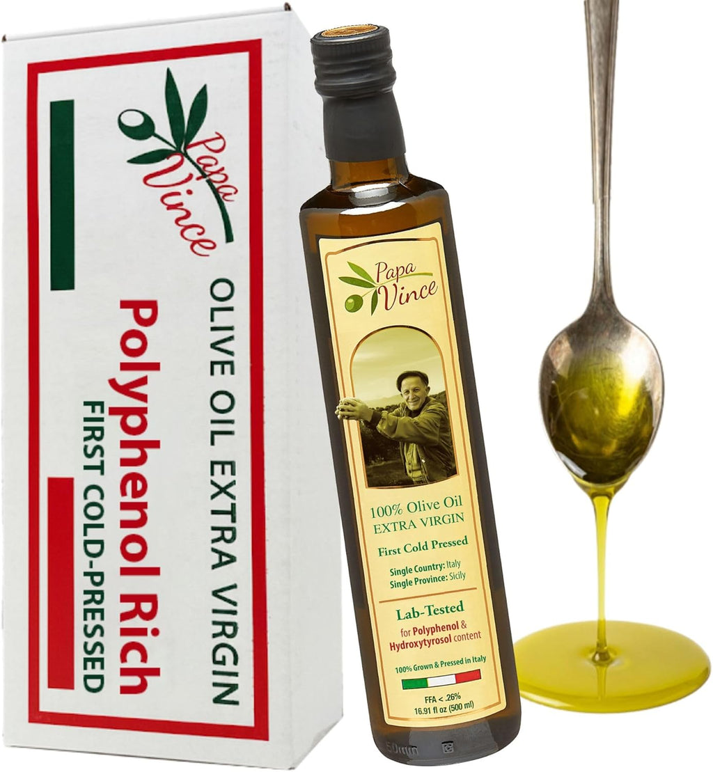 Papa Vince Olive Oil Extra Virgin - First Cold Press Family Harvest 2024/25, Polyphenol Rich, Subtle Peppery Finish, Unrefined, High in Monounsaturated Fat, No Pesticides, No GMO, Sicily, Italy