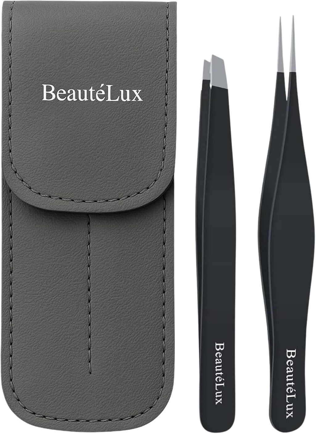 Precision Tweezer Set – Slant & Pointed Tip Stainless Steel Eyebrow Tweezers with Leather Pouch, Professional Hair Removal for Ingrown Hair, Chin, Splinter & Blackhead