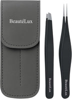 Precision Tweezer Set – Slant & Pointed Tip Stainless Steel Eyebrow Tweezers with Leather Pouch, Professional Hair Removal for Ingrown Hair, Chin, Splinter & Blackhead