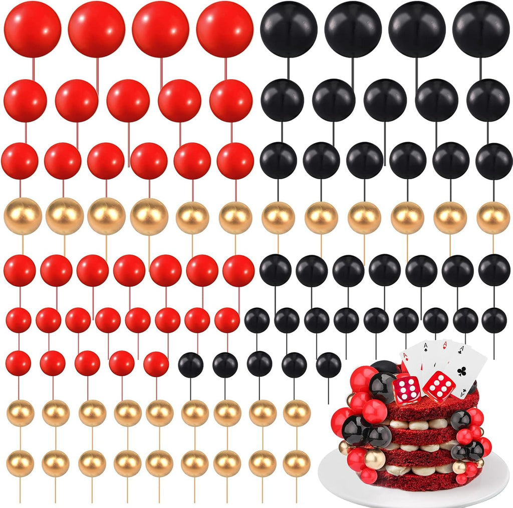 108 Pcs Balls Cake Topper DIY Cupcake Insert Foam Balloons for Cake Baking Wedding Anniversary Birthday Decoration(Red, Black, Gold,Multi Sizes)