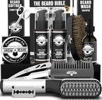 Beard Straightener Grooming Kit for Men, Beard Growth Kit, Wash, Brush & Comb, Unscented Growth Oil, All Natural Sandalwood Balm, Conditioner, Razor & Scissors, Great Gift Idea for Men's (Black)