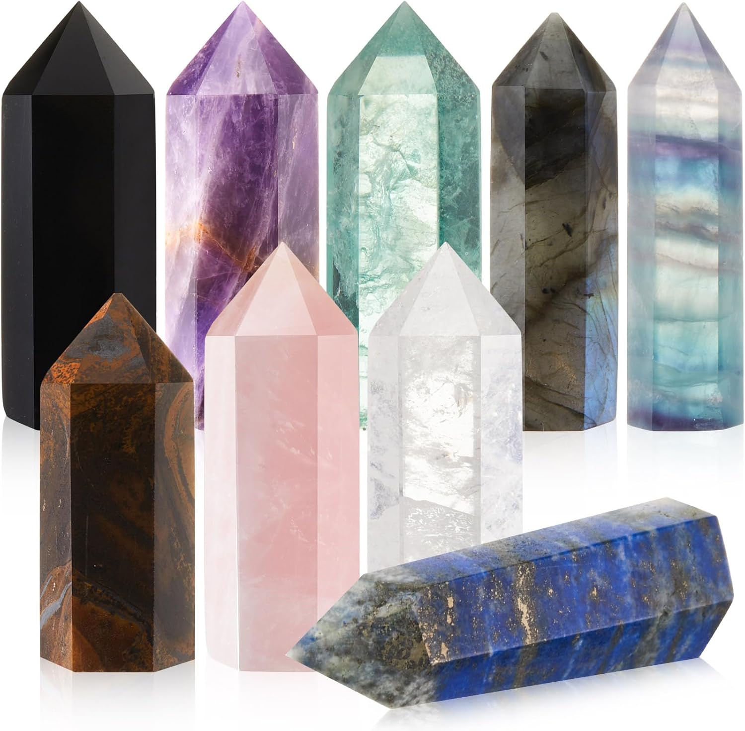 Junkin 9 Sets Healing Crystal Wand, Amethyst Rose Quartz Clear Quartz Tiger Eye Obsidian Fluorite Labradorite Lapis Lazuli for Meditation Crystal Therapy Reiki Supplies(Mixed Color,1.6-2 Inch)