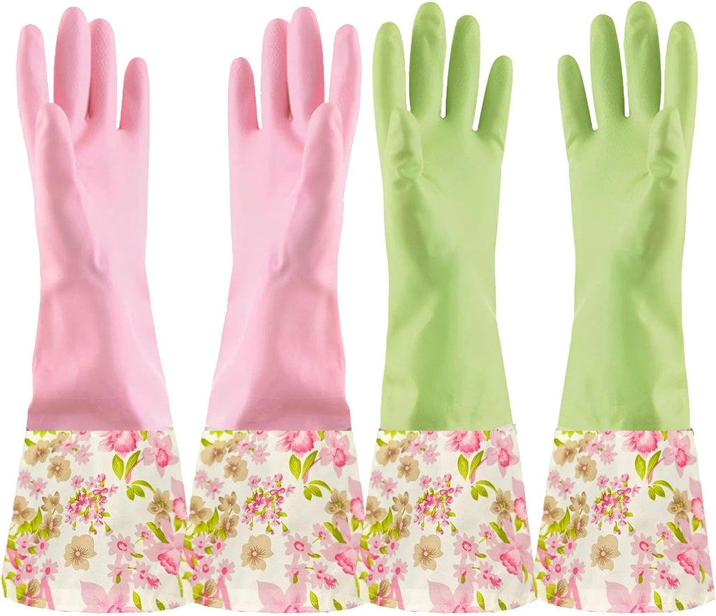 KINGFINGER Rubber Latex Waterproof Dishwashing Gloves for Kitchen,Precision Flocking Household Cleaning Gloves 2 pairs