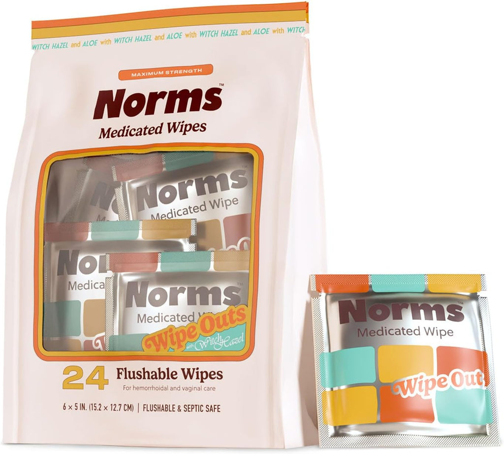 Norms Wipe Outs Hemorrhoid Wipes, 24 Individually Wrapped Witch Hazel Wipes with Aloe to Soothe and Cool Itching, Burning and Irritation, Flushable Septic Safe, Plant Based & Plastic-Free