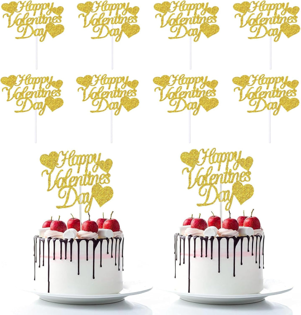 Happy Valentine's Day Cake Toppers 20Pcs Glitter Heart Cupcake Topper for Valentine's Day Wedding Anniversary Birthday Party Cake Decoration, Gold