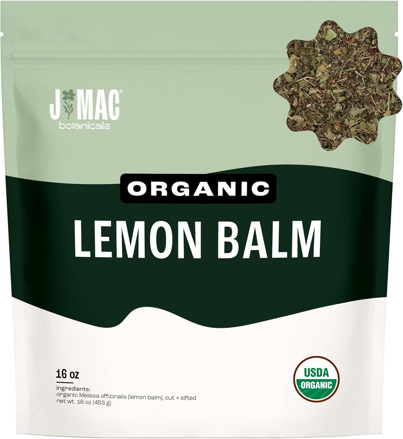 J Mac Botanicals Organic Lemon Balm (16 oz), Loose Leaf Tea, Dried, herbal Infusion, Lemonbalm leaves, melissa officinalis tea, Certified USDA Organic
