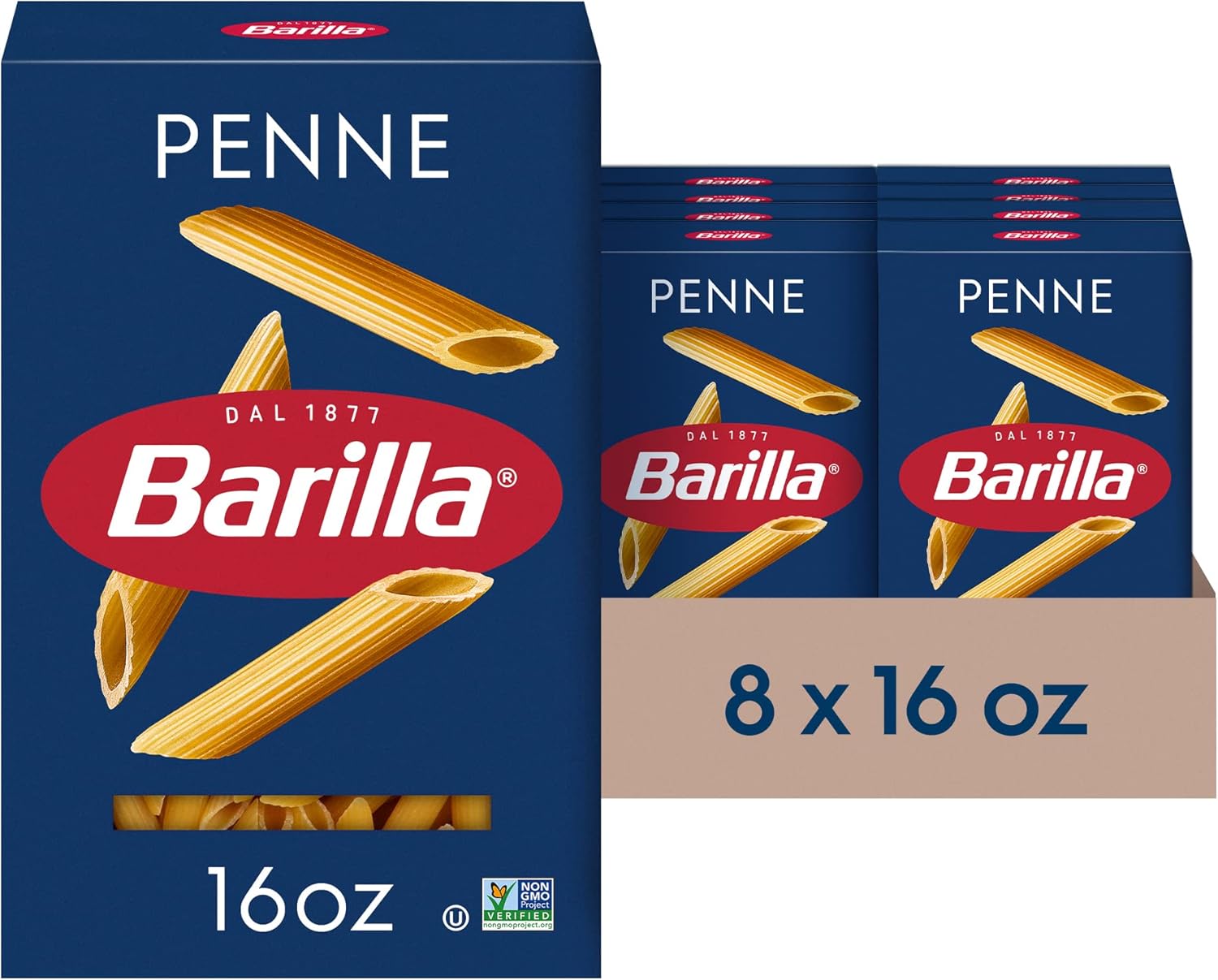 Barilla Penne Pasta, 16 oz. Box (Pack of 8) - Non-GMO, Made with Durum Wheat Semolina - Kosher Certified