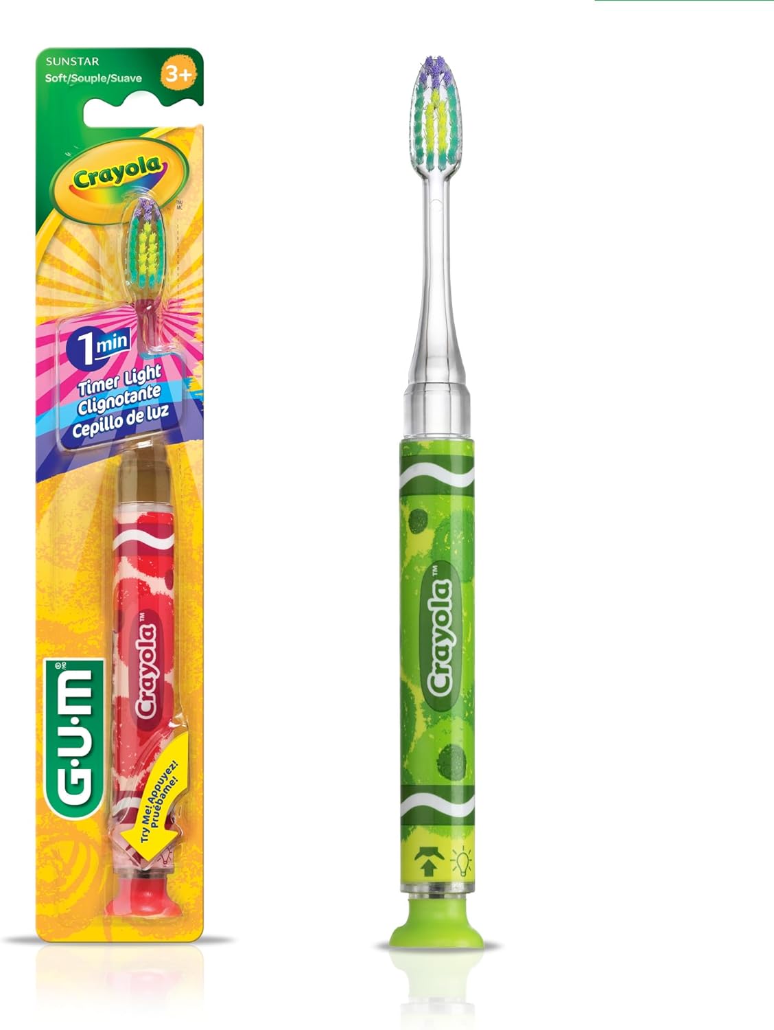 GUM Crayola Timer Light Toothbrush for Kids, Soft Bristles, Suction Cup Base, Children & Toddler Toothbrush 3 Year Old + 1 Count