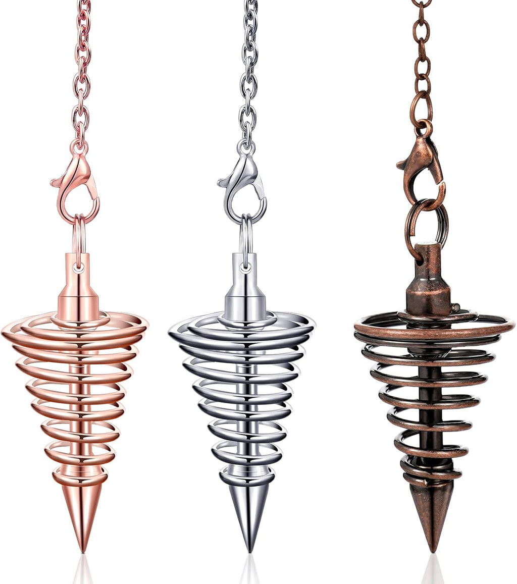 3 Pieces Copper Metal Dowsing Pendulum Divination Dower Reiki Healing Pendulum Chain,Silver Spiral Coil Point Meditation Yoga Balancing Pendant