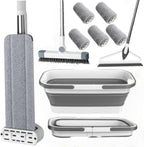 Large Flat Mop and Scalable Bucket with Wheels，360° Rotating Microfiber Dust Mop，with Dewatering Scraper， (1 Mop+6 Microfiber Pads+1 Bucket+1 Floor Brush+1 Glass Wiper)
