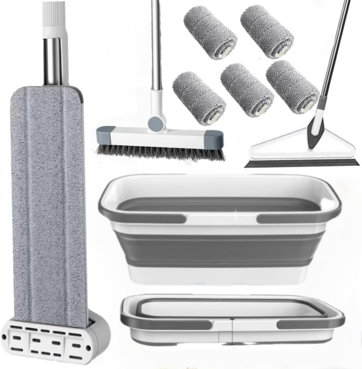 Large Flat Mop and Scalable Bucket with Wheels，360° Rotating Microfiber Dust Mop，with Dewatering Scraper， (1 Mop+6 Microfiber Pads+1 Bucket+1 Floor Brush+1 Glass Wiper)