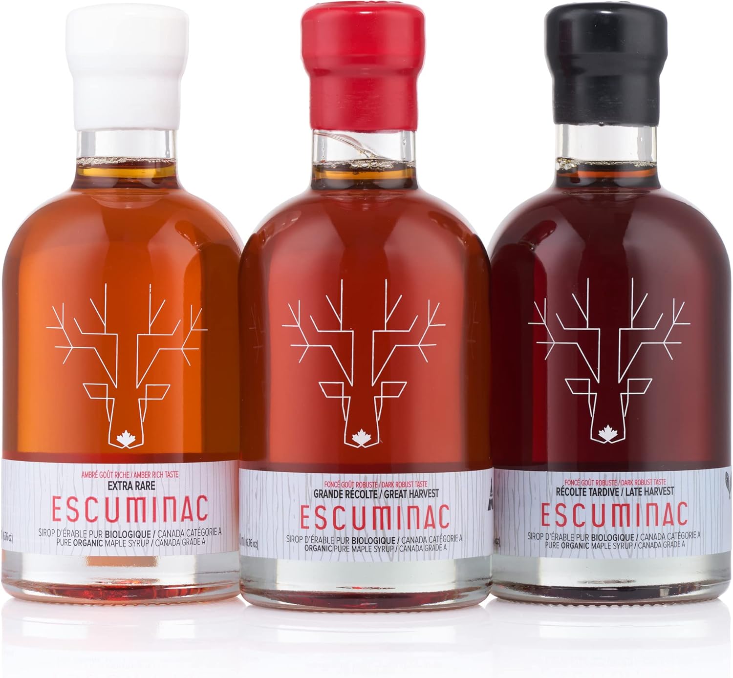 Escuminac Canadian Maple Syrup Variety Set, Including our 3 Harvests Extra Rare, Great Harvest, Late Harvest. 3 X 6.8 fl oz, 100% Pure & Organic, Single Origin, Holiday Gift