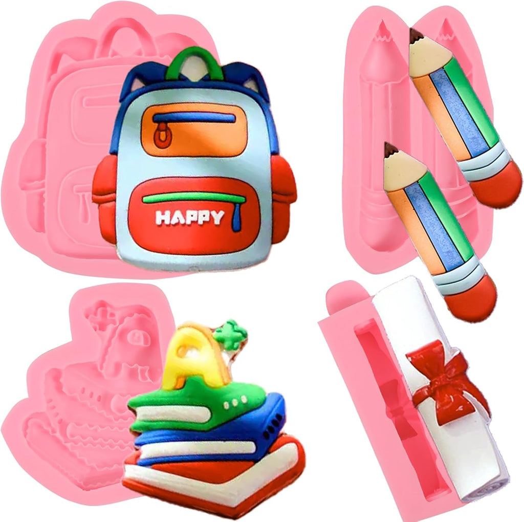 4 Pcs Back-To-School Backpack Silicone Mold, Book Pencil Cake Decoration Fondant Molds, for Graduation Season Cupcake Toppers, Cookies, Candy, Clay, Resin, Sugar Craft, Chewing Gum, Pendant