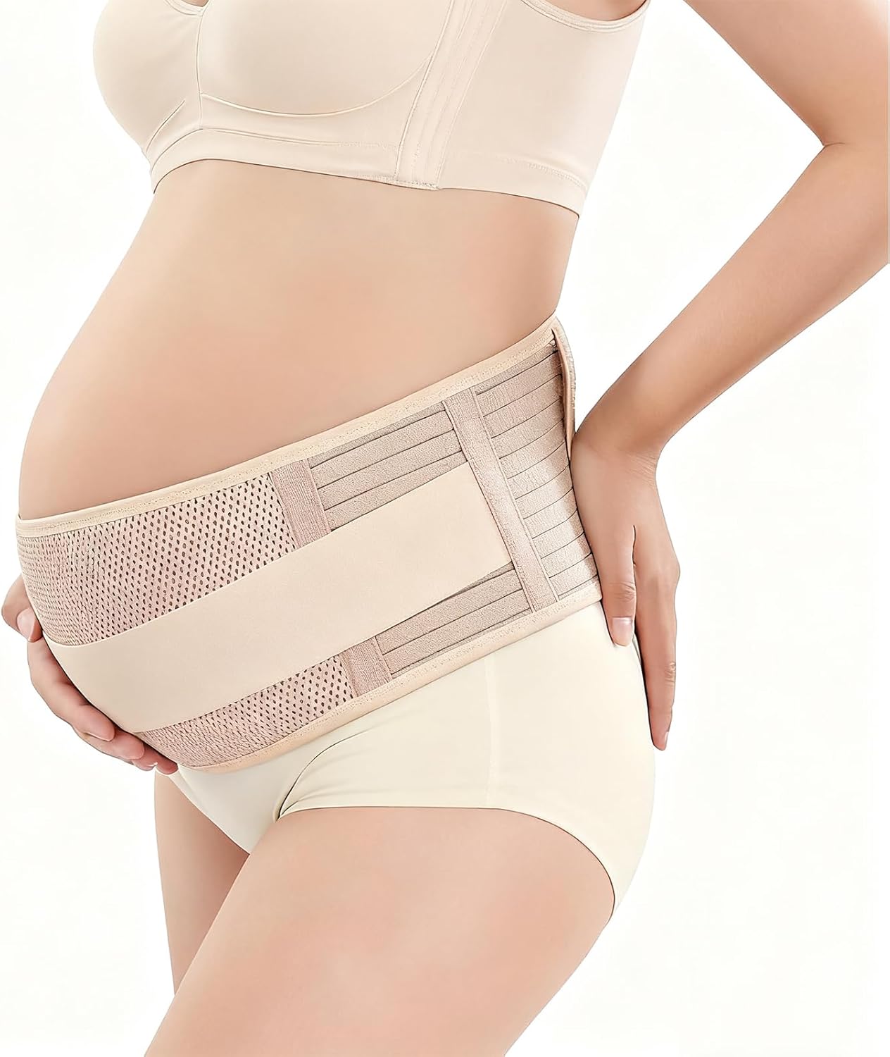 Maternity Belly Band, Pregnancy Support Belt with Adjustable Compression Wrap, Soft & Breathable Belly Bands for Pregnant Women and Pain Relief for Back, Pelvis (Beige)