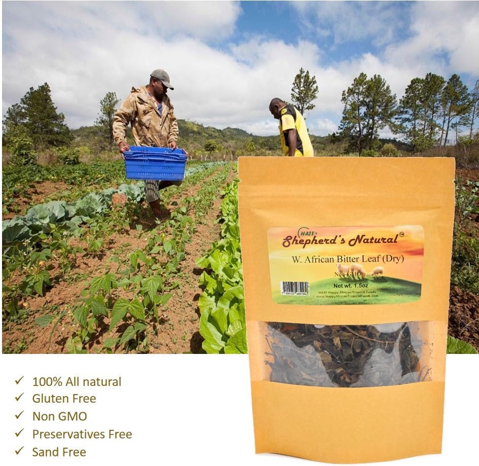 HATF’S SHEPHERD’S NATURAL Bitter Leaf (Dry) – Bold Bitter Flavor for African Soups, Stews, and Teas – Non-GMO, Sand-Free, All-Natural, Cleaned and Dried for Purity and Convenience – 1.5 oz (42.5 g) Pack