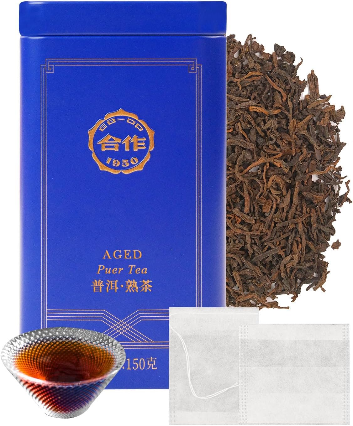 CO-OP 1950 Ripe Pu Erh Tea Loose Leaf, 150g, Premium Yunnan Whole Loose Large-Leaf Fermented Pu-erh, Smooth, Mellow & Rich, Pure Pine Smoke Aroma, No Additives, 20 Empty Teabags Included