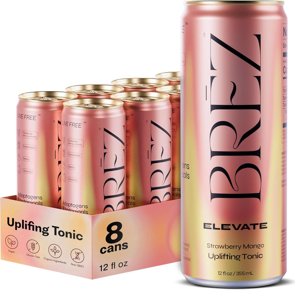 BRĒZ ELEVATE Cordyceps Mushroom Drink, Non-Infused Uplifting Tonic with Cordyceps, Guayusa, Maca & Ginseng, Vegan Adaptogen Drink for Focus, Drive & Mental Clarity, Strawberry Mango, 12 fl oz, 8 Pack