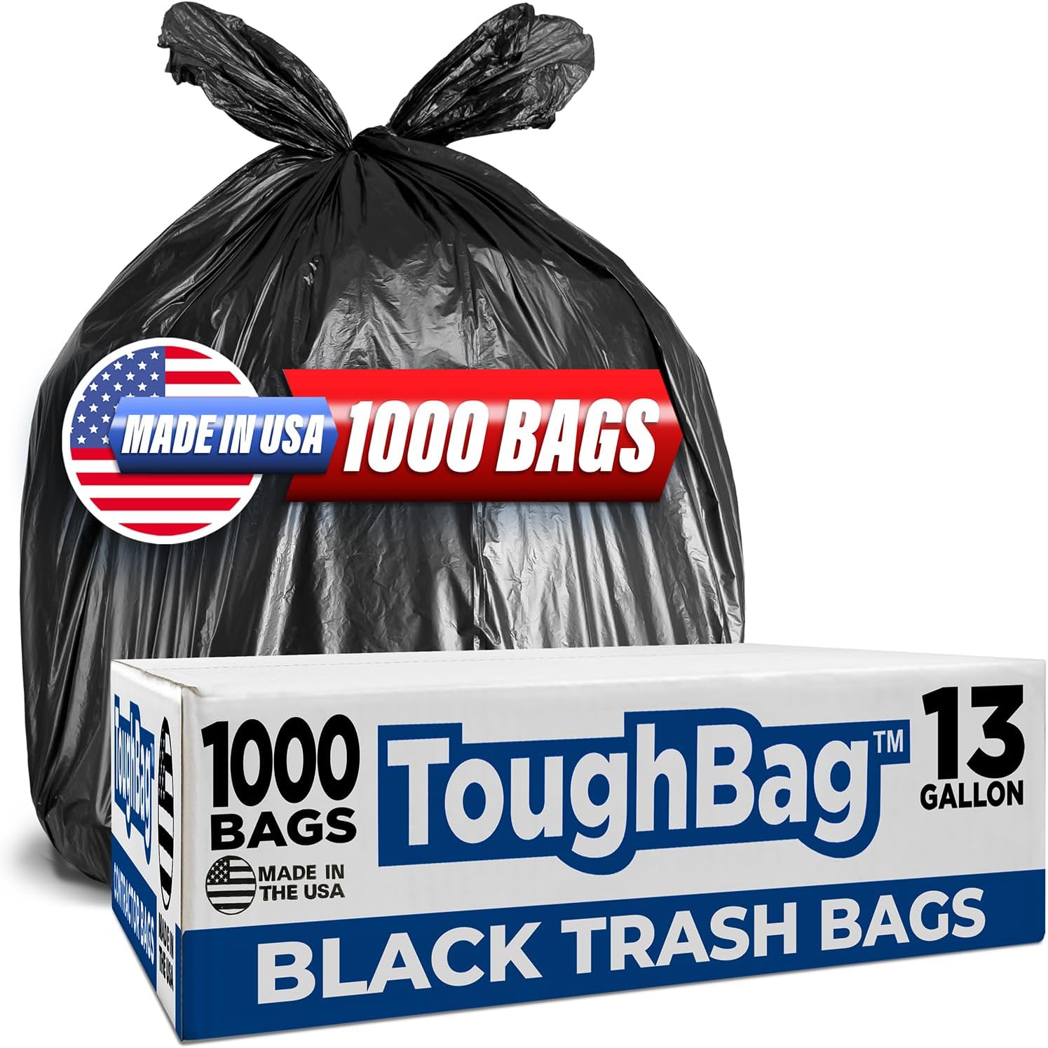 ToughBag 13 Gallon Black Trash Bags, 24 x 33" Black Garbage Bags (1000 COUNT) – Bulk Trash Bag 13 Gallon Tall Kitchen 1000 - Made In USA