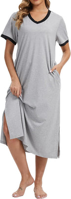 Cotton Nightgowns for Women Soft Short Sleeve Long Sleepwear with Pockets