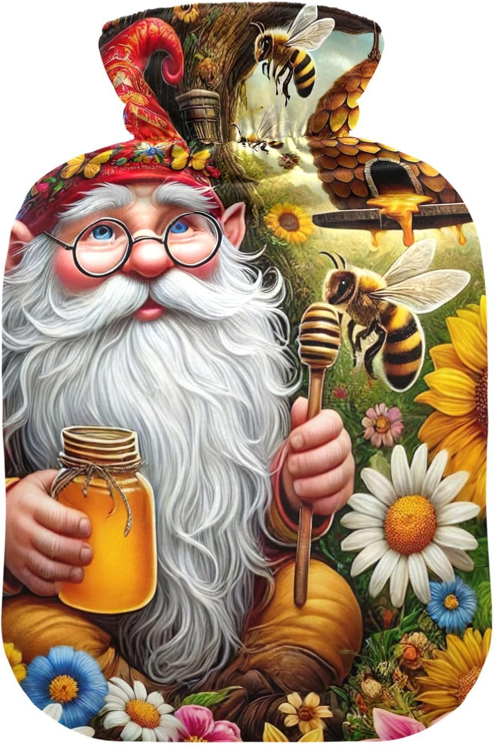 Gnome with Flowers Hot Water Bottle with Soft Cover Feet Warmer with Soft Cover Hot Water Bag for Neck and Shoulder Pain Relief, 1 Liters