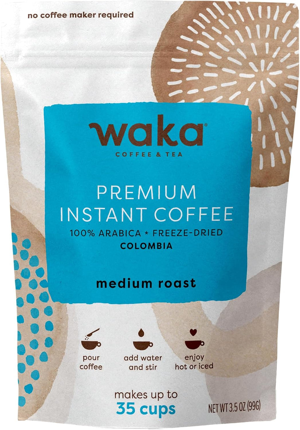 Waka Instant Coffee, Medium Roast - 100% Arabica Colombian Beans, Freeze Dried Granules, No Sugar or Additives - Bulk Bag for Quick Hot and Iced Coffees, Up to 35 Cups (3.5oz)